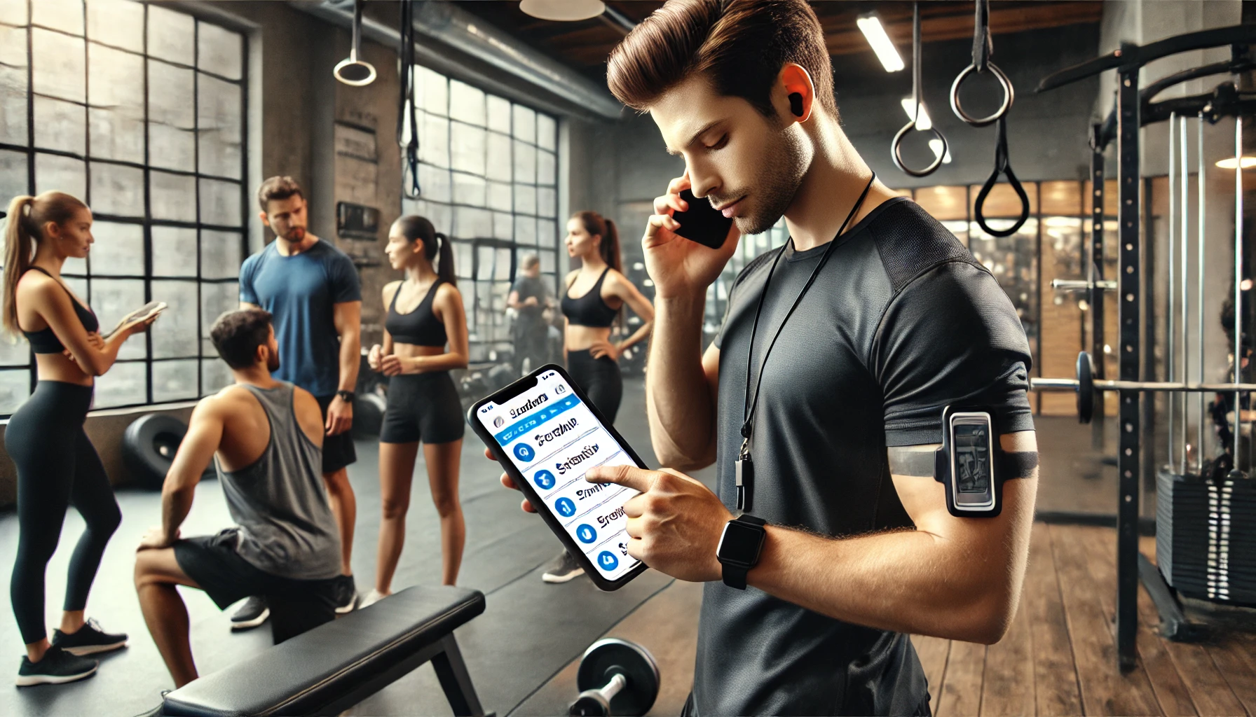 Voici l'image d'un coach sportif utilisant l'application Scheduled pour gérer et planifier les séances d'entraînement avec ses clients. L'image illustre l'efficacité, le professionnalisme et la communication efficace que l'application permet d'instaurer dans une salle de sport moderne.